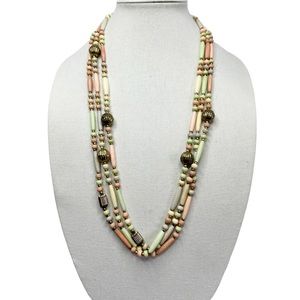 Vintage 3 Strand Wood Bead & Metal Bead Pastel Necklace